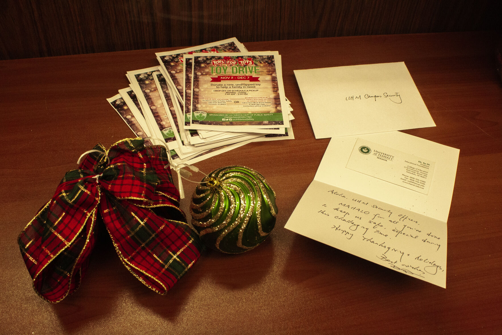 Hand-written holiday note given to the Department of Public Safety